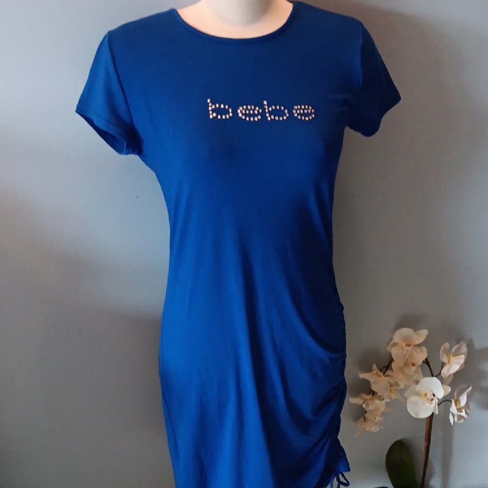 Bebe crystal embellished Blue Ruched T-Shirt Dress